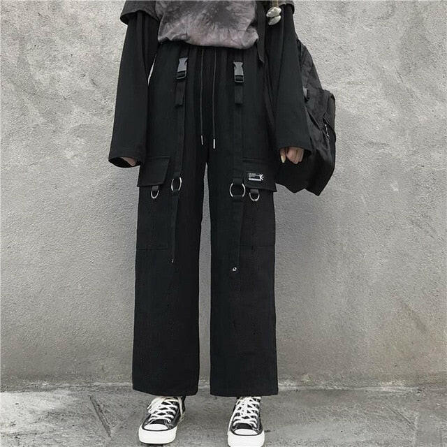 Black Cargo Pants Men Streetwear Cotton Hip hop Pants With Chain Loose Baggy Vintage Punk Harem Trousers Elastic waist Emo Pants yuhuv test  yuhuv test022.