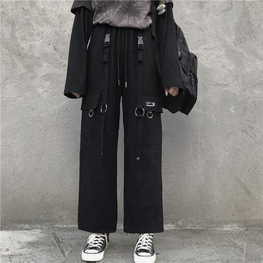 Black Cargo Pants Men Streetwear Cotton Hip hop Pants With Chain Loose Baggy Vintage Punk Harem Trousers Elastic waist Emo Pantsơ' yuhuv test3333 yuhuv testkk.