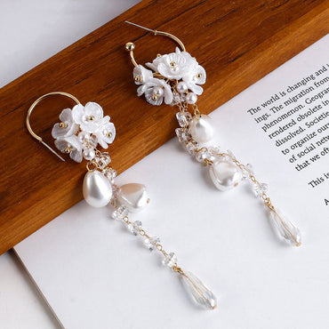 969696  yuhuv test Lifefontier Fashion Long Tassel Simulated Pearl Drop Earrings Big Crystal Bead Flower Petal Earrings for Women Wedding Jewelry yuhuv test aja.