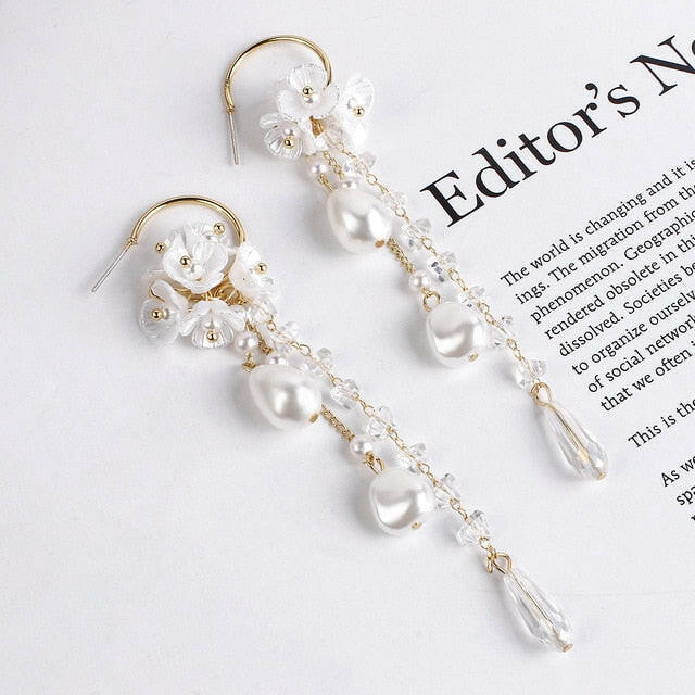 Lifefontier Fashion Long Tassel Simulated Pearl Drop Earrings Big Crystal Bead Flower Petal Earrings for Women Wedding Jewelry yuhuv test  yuhuv test022.