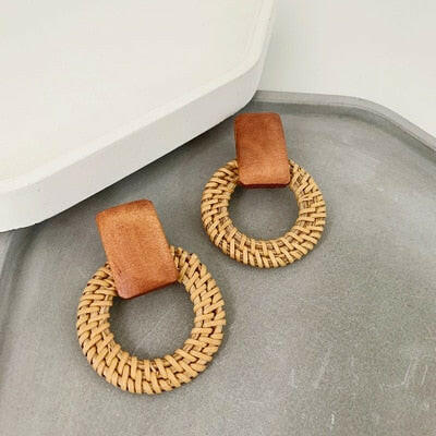 NEW Korea Bamboo Wooden Straw Weave Rattan Knit Vine Geometric Circle Triangle Long Drop Earrings for Women Girl Beach Jewelry yuhuv test  yuhuv test022.