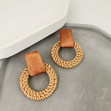 NEW Korea Bamboo Wooden Straw Weave Rattan Knit Vine Geometric Circle Triangle Long Drop Earrings for Women Girl Beach Jewelryơ' yuhuv test3333 yuhuv testkk.