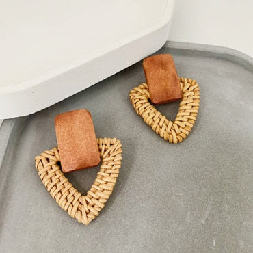 NEW Korea Bamboo Wooden Straw Weave Rattan Knit Vine Geometric Circle Triangle Long Drop Earrings for Women Girl Beach Jewelry yuhuv test  yuhuv test022.