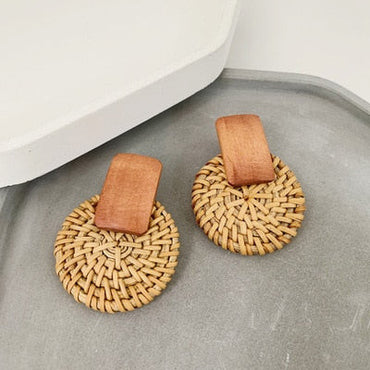 NEW Korea Bamboo Wooden Straw Weave Rattan Knit Vine Geometric Circle Triangle Long Drop Earrings for Women Girl Beach Jewelry yuhuv test  yuhuv test022.