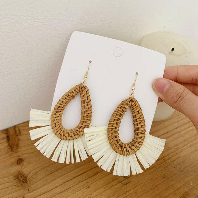 NEW Korea Bamboo Wooden Straw Weave Rattan Knit Vine Geometric Circle Triangle Long Drop Earrings for Women Girl Beach Jewelry yuhuv test  yuhuv test022.