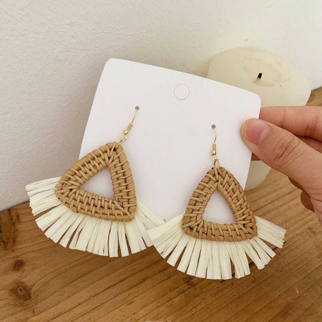 NEW Korea Bamboo Wooden Straw Weave Rattan Knit Vine Geometric Circle Triangle Long Drop Earrings for Women Girl Beach Jewelry yuhuv test  yuhuv test022.