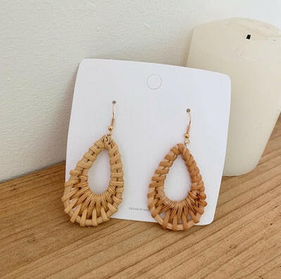 NEW Korea Bamboo Wooden Straw Weave Rattan Knit Vine Geometric Circle Triangle Long Drop Earrings for Women Girl Beach Jewelry yuhuv test  yuhuv test022.