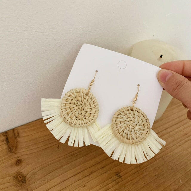 NEW Korea Bamboo Wooden Straw Weave Rattan Knit Vine Geometric Circle Triangle Long Drop Earrings for Women Girl Beach Jewelry yuhuv test  yuhuv test022.