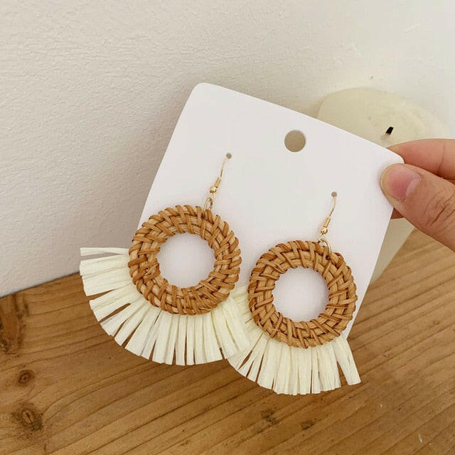 NEW Korea Bamboo Wooden Straw Weave Rattan Knit Vine Geometric Circle Triangle Long Drop Earrings for Women Girl Beach Jewelry yuhuv test  yuhuv test022.