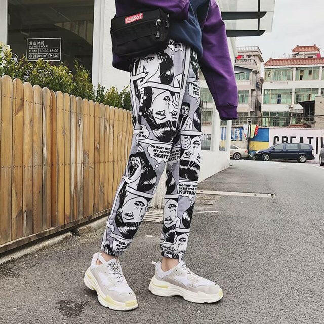 Man's Fashion Cartoon Comics Print Pants Loose Sport Casual Drawstring Elastic High Waist Joggers Pants Hip Hop Cropped Trousers yuhuv test  yuhuv test022.