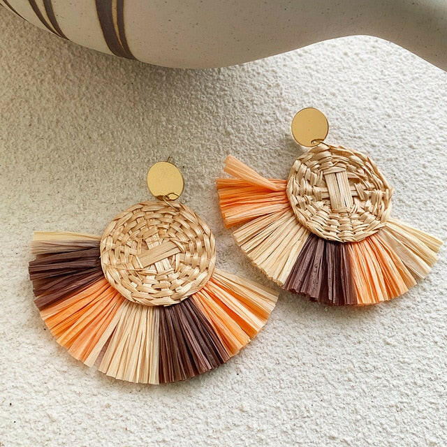 NEW Korea Bamboo Wooden Straw Weave Rattan Knit Vine Geometric Circle Triangle Long Drop Earrings for Women Girl Beach Jewelry yuhuv test  yuhuv test022.