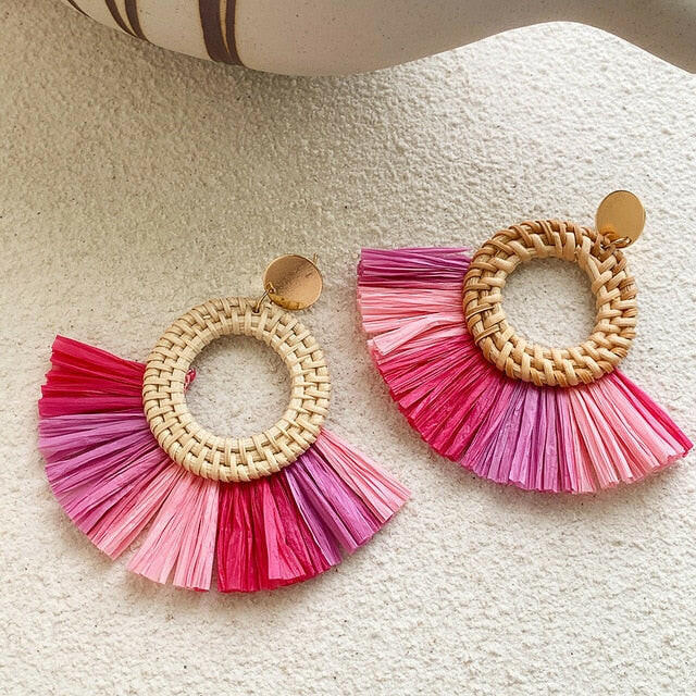 NEW Korea Bamboo Wooden Straw Weave Rattan Knit Vine Geometric Circle Triangle Long Drop Earrings for Women Girl Beach Jewelry yuhuv test  yuhuv test022.