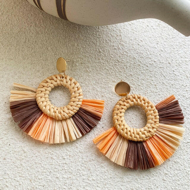 NEW Korea Bamboo Wooden Straw Weave Rattan Knit Vine Geometric Circle Triangle Long Drop Earrings for Women Girl Beach Jewelry yuhuv test  yuhuv test022.