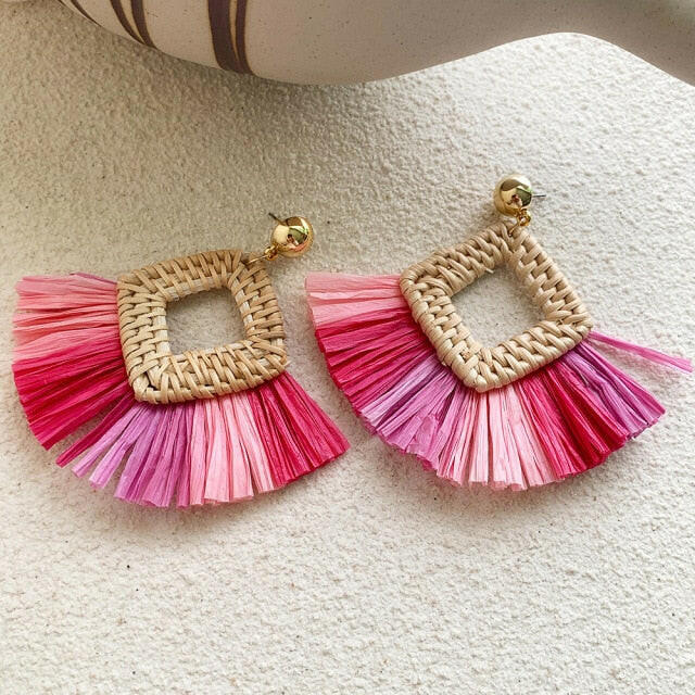 NEW Korea Bamboo Wooden Straw Weave Rattan Knit Vine Geometric Circle Triangle Long Drop Earrings for Women Girl Beach Jewelry yuhuv test  yuhuv test022.