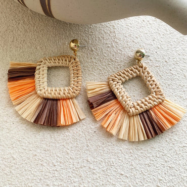 NEW Korea Bamboo Wooden Straw Weave Rattan Knit Vine Geometric Circle Triangle Long Drop Earrings for Women Girl Beach Jewelry yuhuv test  yuhuv test022.