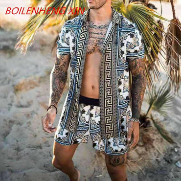 NEW Men Hawaiian Sets Printing 2021 Summer Short Sleeve Button Shirt Beach Shorts Streetwear Casual Mens Suit 2 Pieces INCERUNơ' yuhuv test3333 yuhuv testkk.