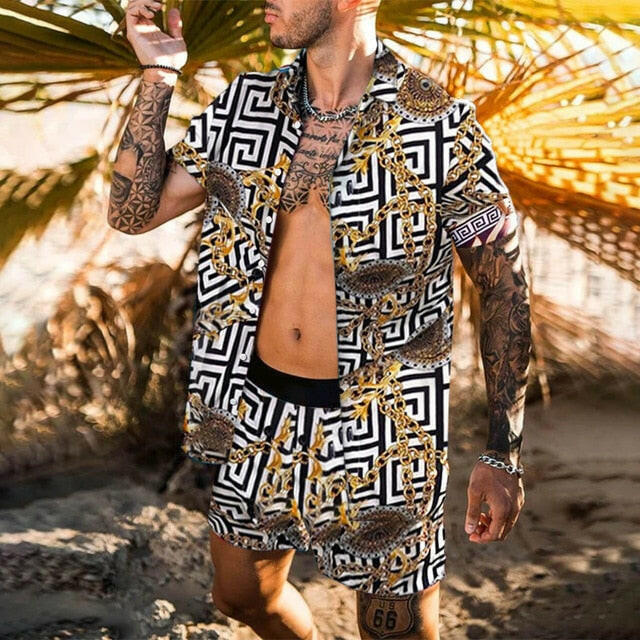 NEW Men Hawaiian Sets Printing 2021 Summer Short Sleeve Button Shirt Beach Shorts Streetwear Casual Mens Suit 2 Pieces INCERUNơ' yuhuv test3333 yuhuv test.