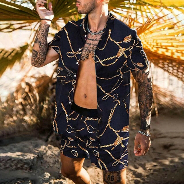 NEW Men Hawaiian Sets Printing 2021 Summer Short Sleeve Button Shirt Beach Shorts Streetwear Casual Mens Suit 2 Pieces INCERUNơ' yuhuv test3333 yuhuv test.