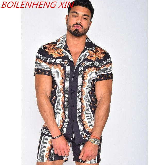 NEW Men Hawaiian Sets Printing 2021 Summer Short Sleeve Button Shirt Beach Shorts Streetwear Casual Mens Suit 2 Pieces INCERUNơ' yuhuv test3333 yuhuv test.