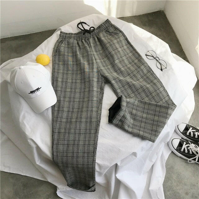 Privathinker Men Women Korean Black Plaid Casual Pants 2021 Mens Streetwear Harem Pants Male Checkered Trousers Plus Size yuhuv test  yuhuv test022.