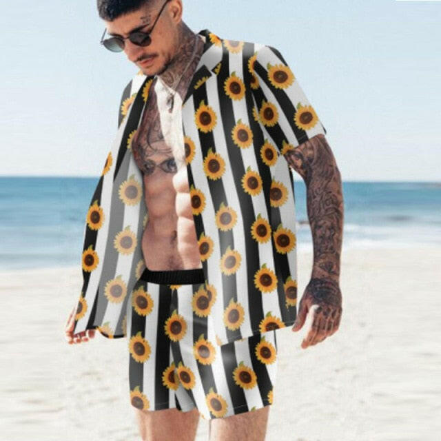 NEW Men Hawaiian Sets Printing 2021 Summer Short Sleeve Button Shirt Beach Shorts Streetwear Casual Mens Suit 2 Pieces INCERUNơ' yuhuv test3333 yuhuv test.