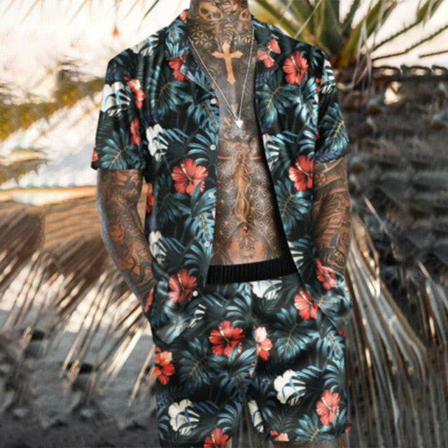 NEW Men Hawaiian Sets Printing 2021 Summer Short Sleeve Button Shirt Beach Shorts Streetwear Casual Mens Suit 2 Pieces INCERUNơ' yuhuv test3333 yuhuv test.