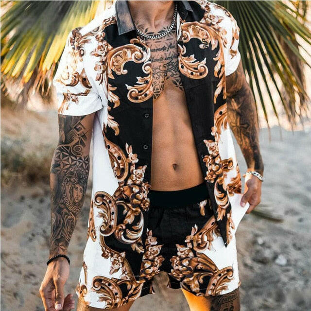 NEW Men Hawaiian Sets Printing 2021 Summer Short Sleeve Button Shirt Beach Shorts Streetwear Casual Mens Suit 2 Pieces INCERUNơ' yuhuv test3333 yuhuv test.