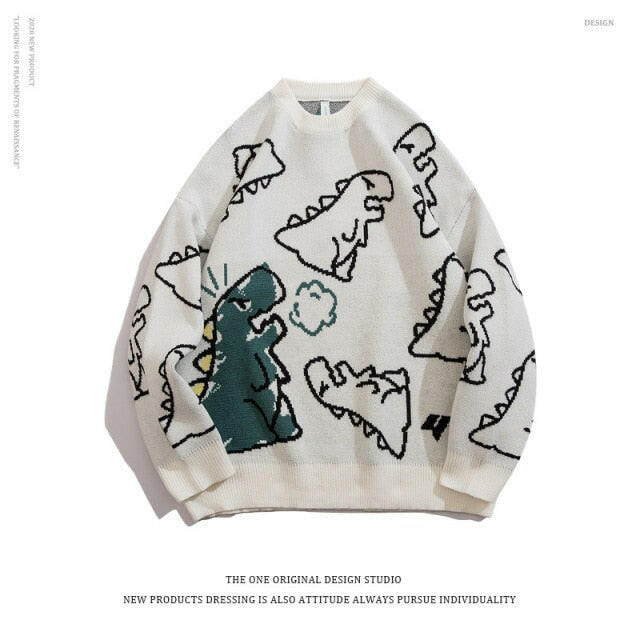 Sweater Men Harajuku Fashion Knitted Hip Hop Streetwear Dinosaur Cartoon Pullover O-neck Oversize Casual Couple Male Sweaters yuhuv test  yuhuv test022.