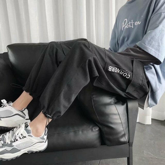 Men's Side Pockets Cargo Harem Pants 2021 Ribbons Black Hip Hop Casual Male Joggers Trousers Fashion Casual Streetwear Pantsơ' yuhuv test3333 yuhuv test.