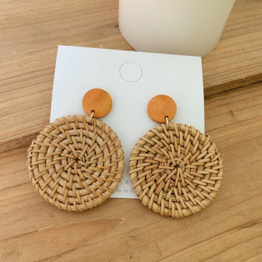 NEW Korea Bamboo Wooden Straw Weave Rattan Knit Vine Geometric Circle Triangle Long Drop Earrings for Women Girl Beach Jewelry yuhuv test  yuhuv test022.