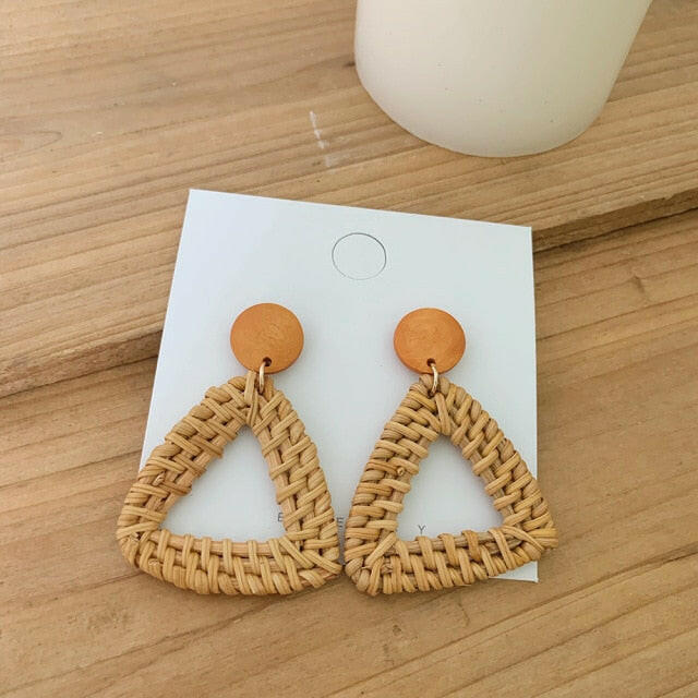 NEW Korea Bamboo Wooden Straw Weave Rattan Knit Vine Geometric Circle Triangle Long Drop Earrings for Women Girl Beach Jewelry yuhuv test  yuhuv test022.