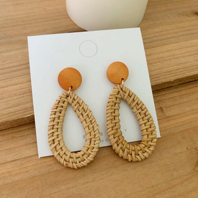 NEW Korea Bamboo Wooden Straw Weave Rattan Knit Vine Geometric Circle Triangle Long Drop Earrings for Women Girl Beach Jewelry yuhuv test  yuhuv test022.