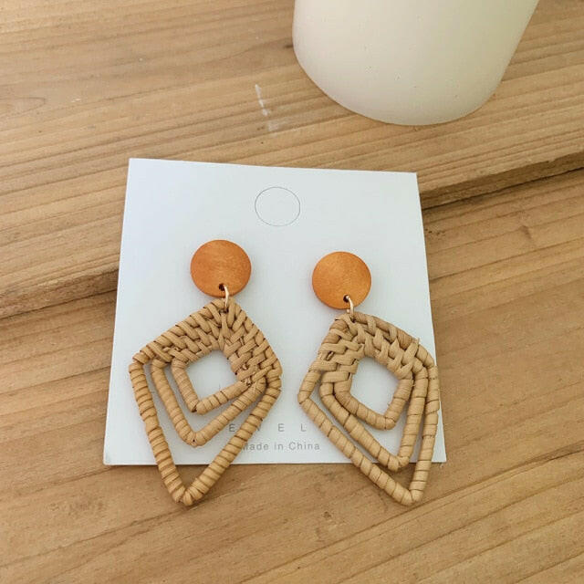 NEW Korea Bamboo Wooden Straw Weave Rattan Knit Vine Geometric Circle Triangle Long Drop Earrings for Women Girl Beach Jewelry yuhuv test  yuhuv test022.