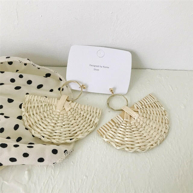 NEW Korea Bamboo Wooden Straw Weave Rattan Knit Vine Geometric Circle Triangle Long Drop Earrings for Women Girl Beach Jewelry yuhuv test  yuhuv test022.