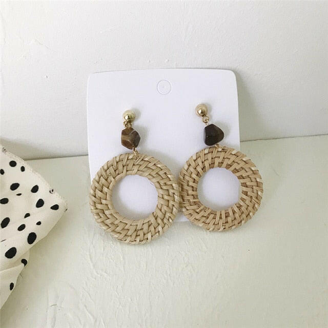 NEW Korea Bamboo Wooden Straw Weave Rattan Knit Vine Geometric Circle Triangle Long Drop Earrings for Women Girl Beach Jewelry yuhuv test  yuhuv test022.