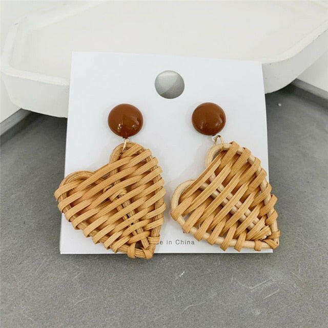 NEW Korea Bamboo Wooden Straw Weave Rattan Knit Vine Geometric Circle Triangle Long Drop Earrings for Women Girl Beach Jewelry yuhuv test  yuhuv test022.