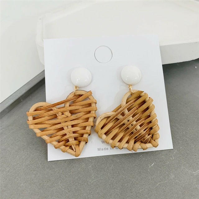 NEW Korea Bamboo Wooden Straw Weave Rattan Knit Vine Geometric Circle Triangle Long Drop Earrings for Women Girl Beach Jewelry yuhuv test  yuhuv test022.