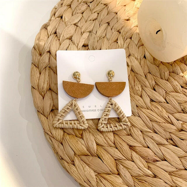 NEW Korea Bamboo Wooden Straw Weave Rattan Knit Vine Geometric Circle Triangle Long Drop Earrings for Women Girl Beach Jewelry yuhuv test  yuhuv test022.