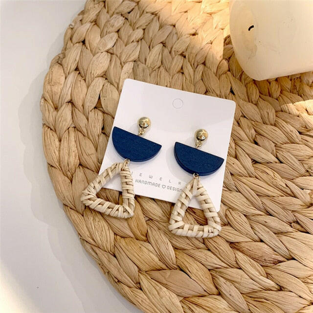 NEW Korea Bamboo Wooden Straw Weave Rattan Knit Vine Geometric Circle Triangle Long Drop Earrings for Women Girl Beach Jewelry yuhuv test  yuhuv test022.