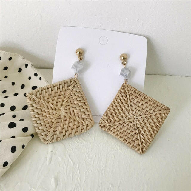 NEW Korea Bamboo Wooden Straw Weave Rattan Knit Vine Geometric Circle Triangle Long Drop Earrings for Women Girl Beach Jewelry yuhuv test  yuhuv test022.