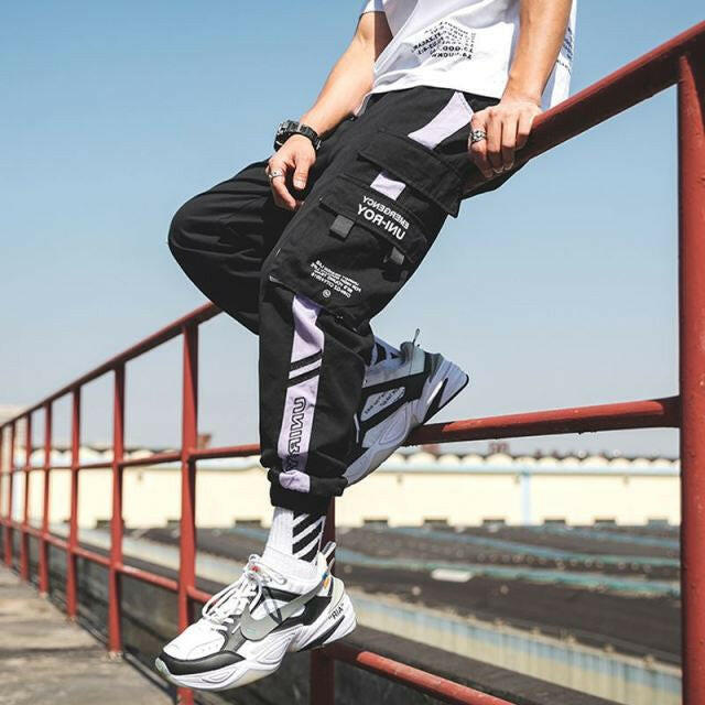 Hip Hop Ribbons Cargo Pants Men Joggers Pants Mens Streetwear Military Pants 2020 Fashion Male Elastic Waist Pant Cotton Blackơ' yuhuv test3333 yuhuv test.