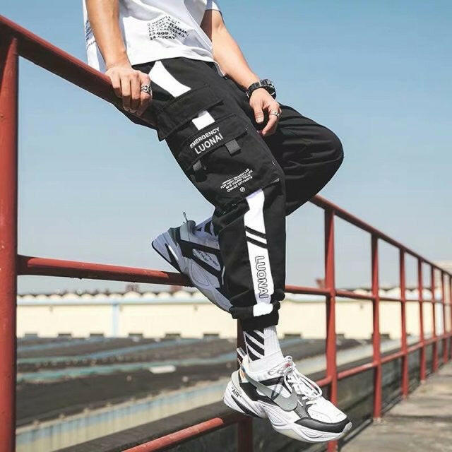 Hip Hop Ribbons Cargo Pants Men Joggers Pants Mens Streetwear Military Pants 2020 Fashion Male Elastic Waist Pant Cotton Blackơ' yuhuv test3333 yuhuv test.