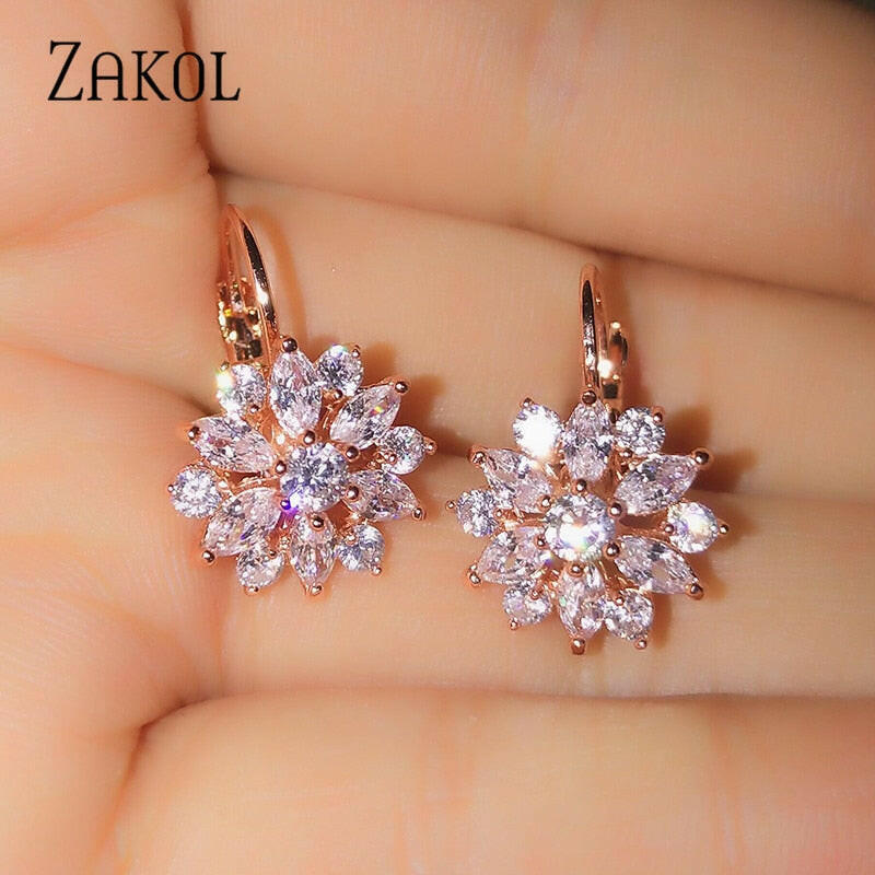 ZAKOL Fashion Rose Gold Color Hoop Earrings Flower Cluster Clear Crystal Zirconia Earring for Women Jewelry Brincos FSEP609 yuhuv test  yuhuv test022.