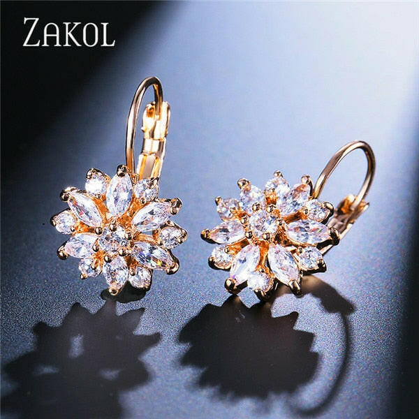 ZAKOL Fashion Rose Gold Color Hoop Earrings Flower Cluster Clear Crystal Zirconia Earring for Women Jewelry Brincos FSEP609 yuhuv test  yuhuv test022.