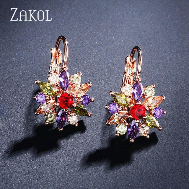 ZAKOL Fashion Rose Gold Color Hoop Earrings Flower Cluster Clear Crystal Zirconia Earring for Women Jewelry Brincos FSEP609 yuhuv test  yuhuv test022.