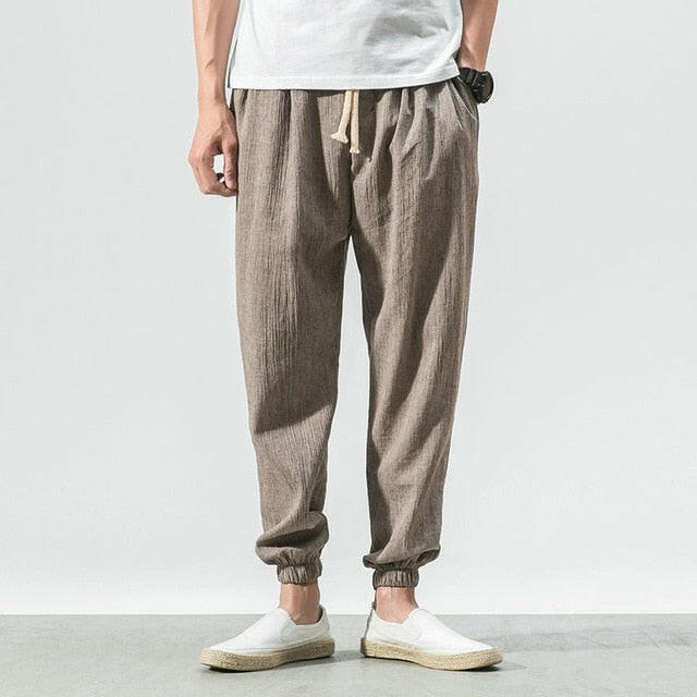 Chinese Style Harem Jogger Pants Men Cotton Linen Sweatpants Trousers Men Casual Lightweight Spring Summer Men Joggers yuhuv test  yuhuv test022.